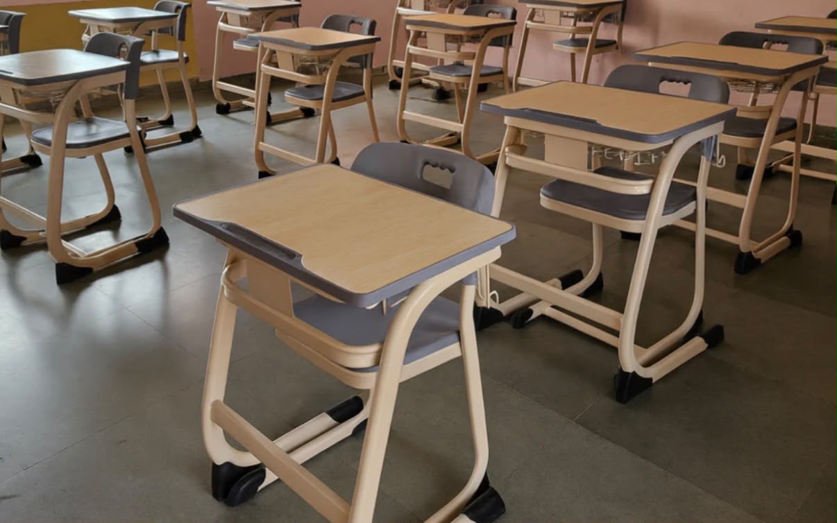 Modern classroom furniture in a Kerala school