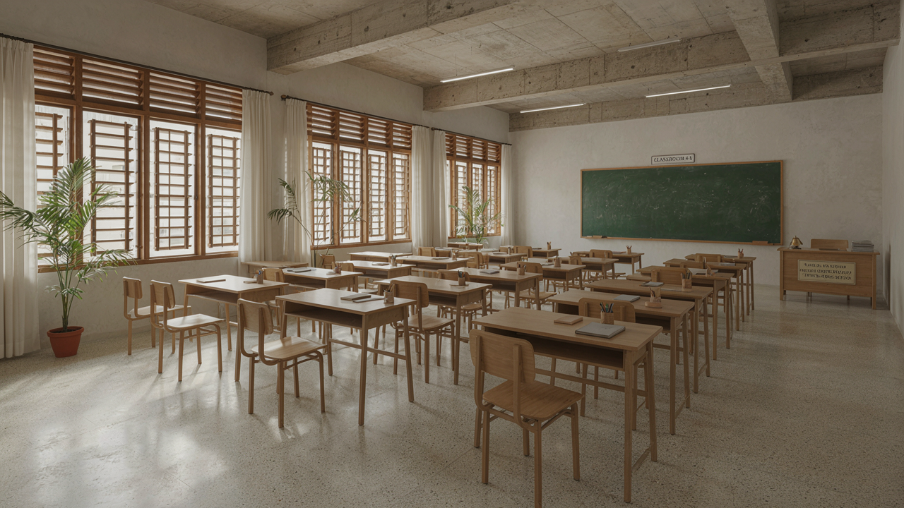 School desks and chairs arranged in a modern classroom